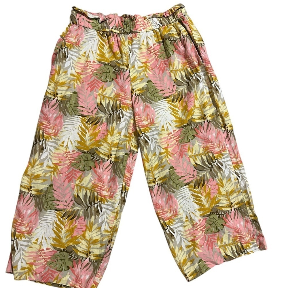 Land n Sea Floral Tropical Linen Blend Wide Leg Cropped Pull On Pants Size L